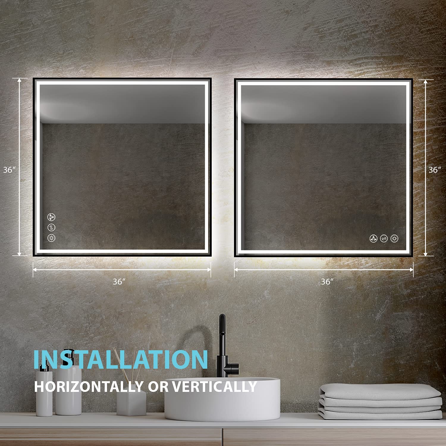 36x36 Inch LED Bathroom Mirror with Matte Black Frame| Wall Mounted Backlit Vanity Mirror with Lights | Anti-Fog, 3 Color Dimmable Smart Bathroom LED Mirror | Frame Vanity Mirror for Makeup - Image 8