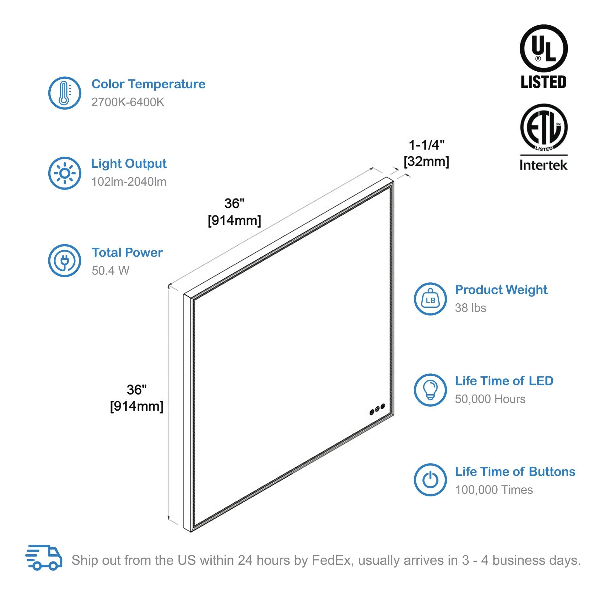 36x36 Inch LED Bathroom Mirror with Matte Black Frame| Wall Mounted Backlit Vanity Mirror with Lights | Anti-Fog, 3 Color Dimmable Smart Bathroom LED Mirror | Frame Vanity Mirror for Makeup - Image 9