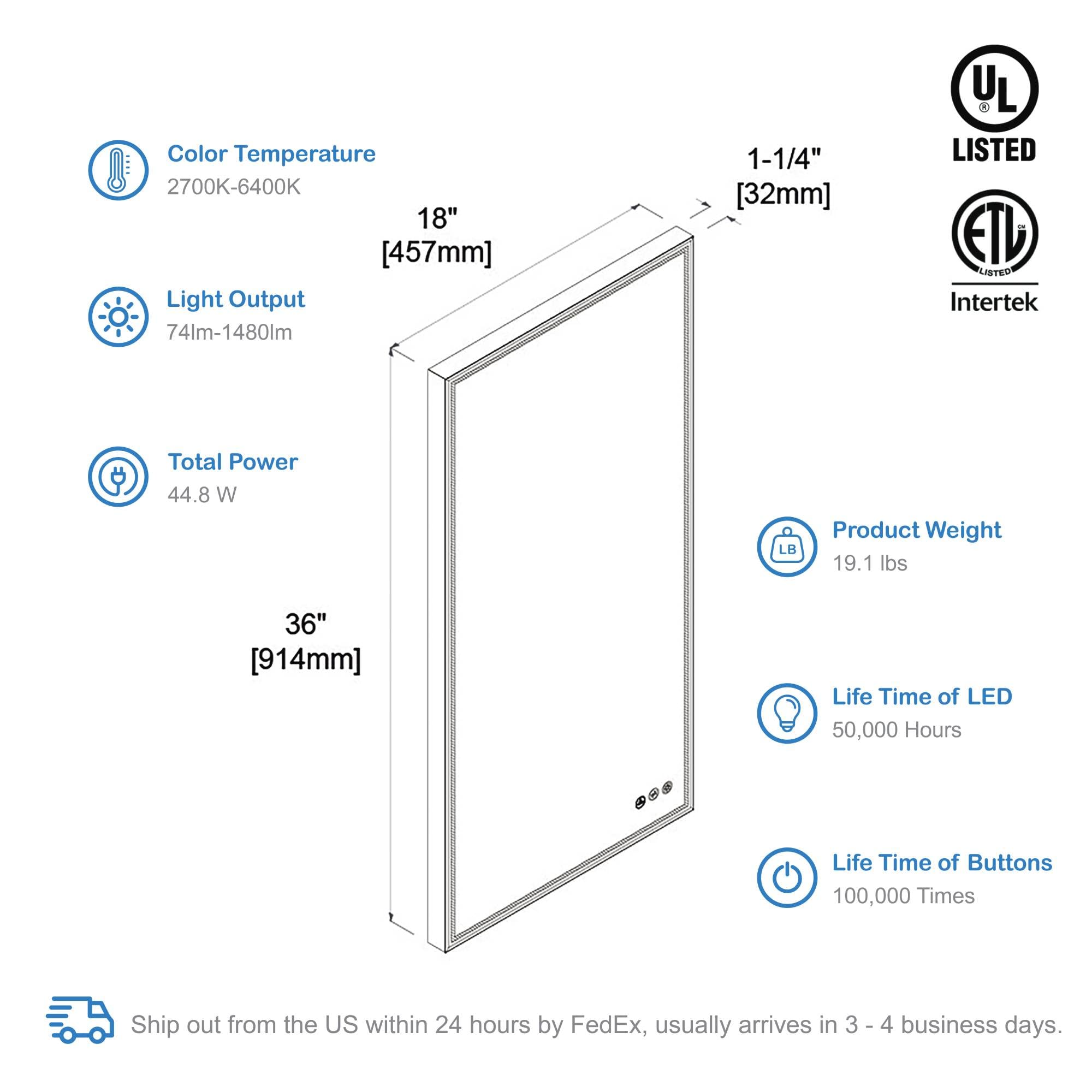 Blossom 18x36 LED Mirror for Bathroom Gold Frame - Modern Backlit Wall Mounted Mirror with Lights - 3 Color Dimmable Smart Mirror with Anti-Fog & Memory - Architectural Grade Vanity Mirror - Image 8