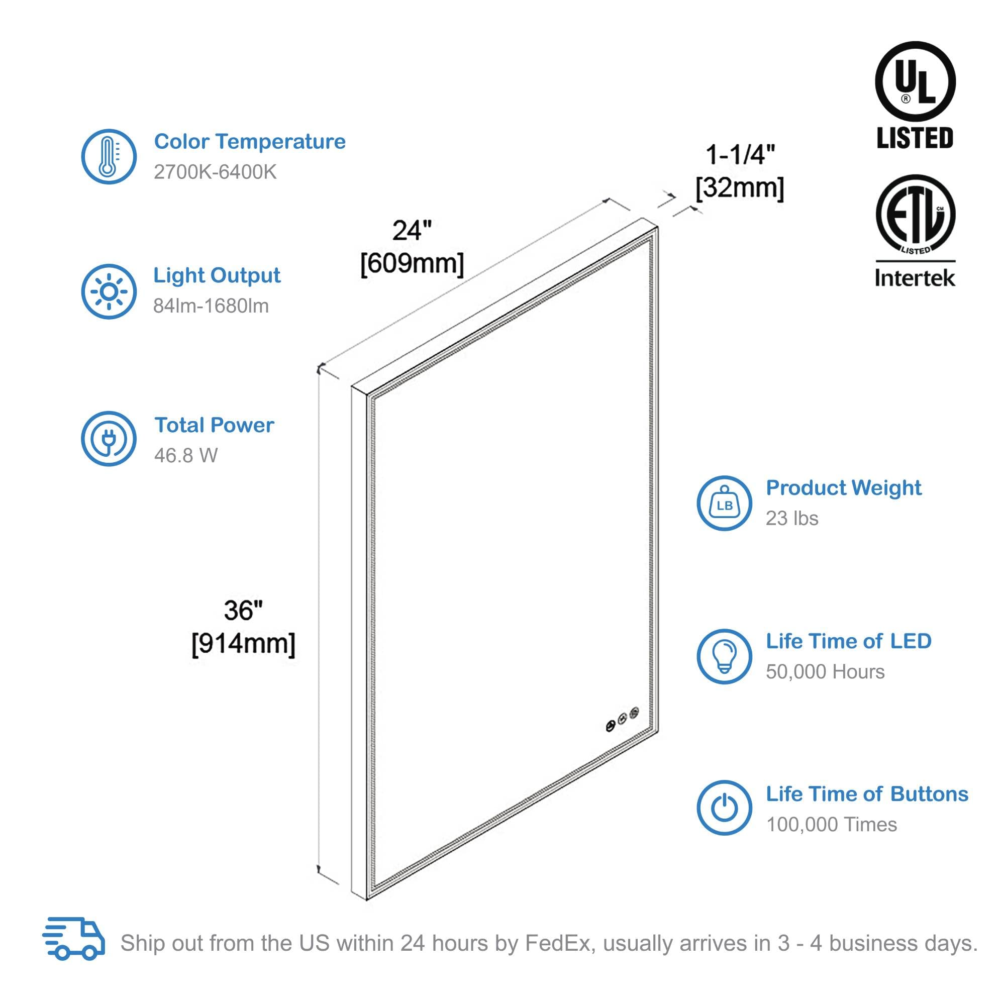 Blossom 24x36 Shatterproof LED Bathroom Mirror - Black Framed Dual Illumination (Front + Backlit) - Anti-Fog Dimmable Vanity Mirror - Modern Farmhouse Wall Mounted Copper-Free Glass - Image 8