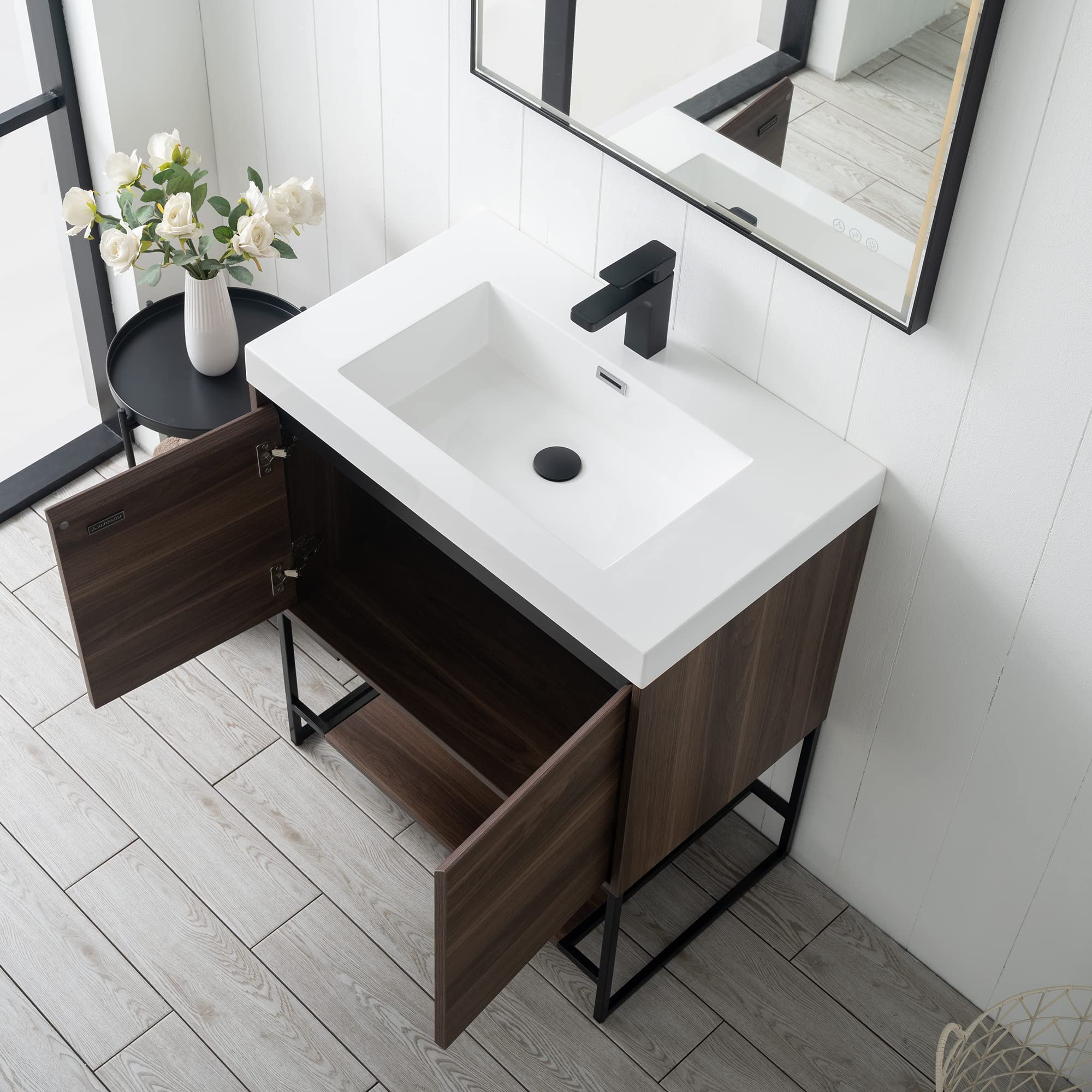 Blossom 30 Inch Bathroom Vanity with Sink, All Wood Freestanding Bathroom Sink Cabinet with Acrylic Sink, Space-Saving Bathroom Cabinet with Open Shelf, Modern Minimalist Design, Walnut Finish - Image 3