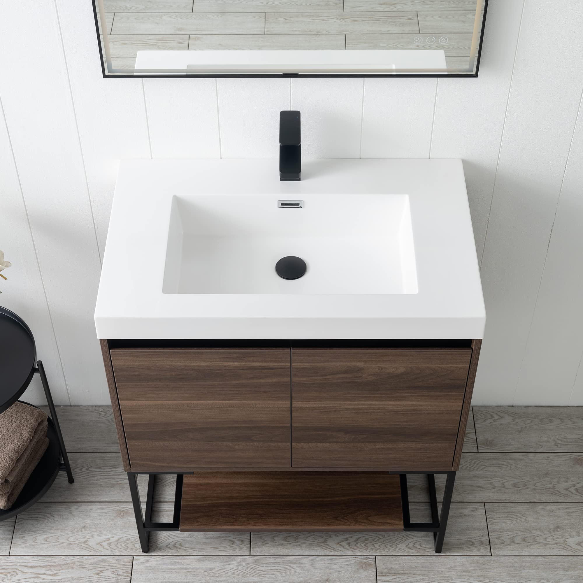Blossom 30 Inch Bathroom Vanity with Sink, All Wood Freestanding Bathroom Sink Cabinet with Acrylic Sink, Space-Saving Bathroom Cabinet with Open Shelf, Modern Minimalist Design, Walnut Finish - Image 6
