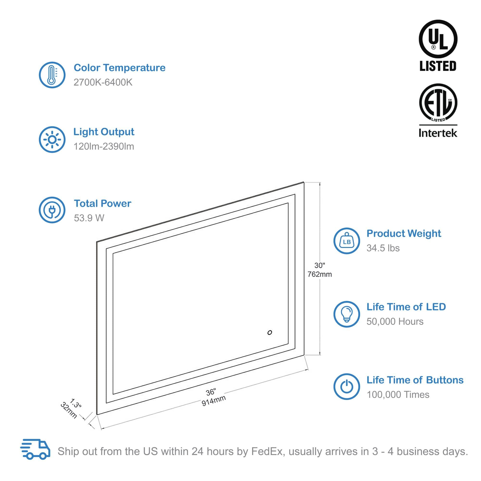 Blossom 36 x 30 Bathroom Mirror with Lights - Smart Touch Anti-Fog LED Mirror - 5mm Shatterproof Tempered Glass - Professional 6000K Makeup Mirror - Modern Frameless Front and Backlit Vanity Design - Image 9