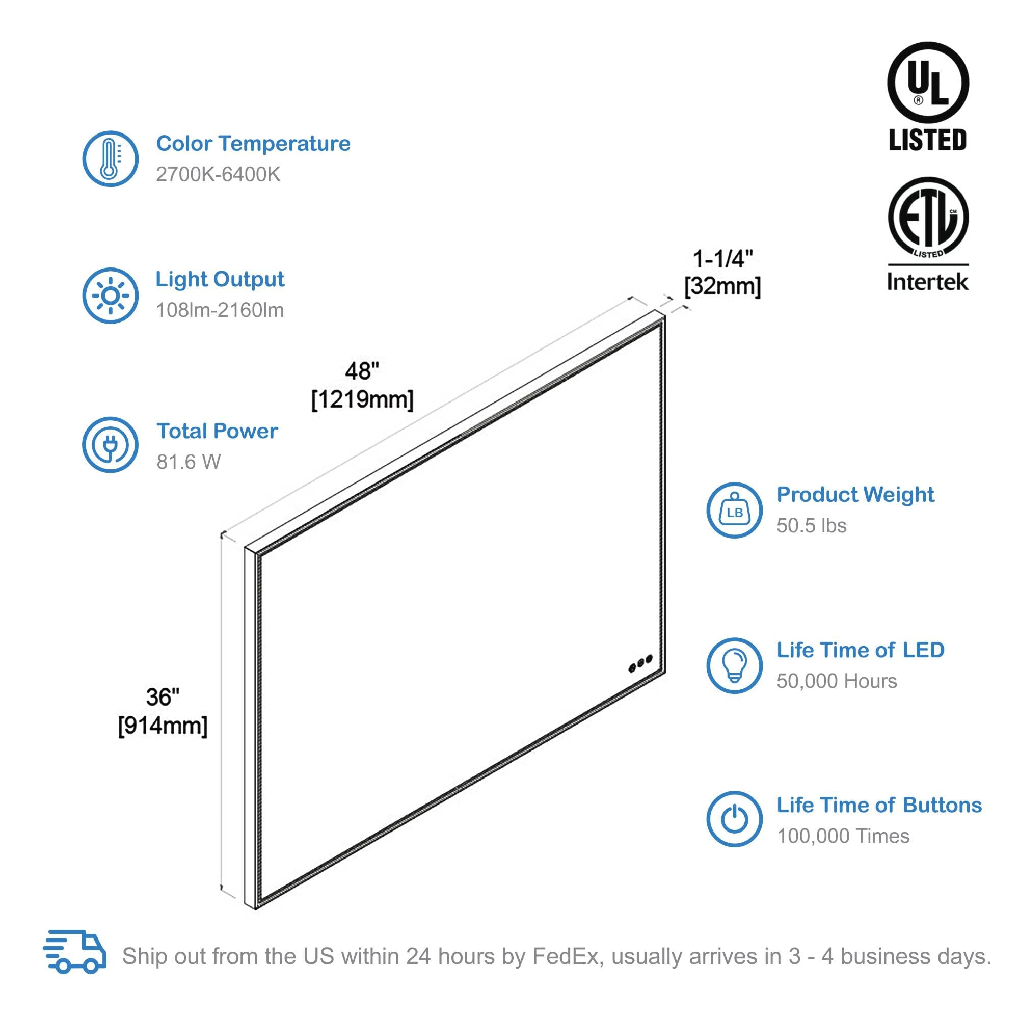 Blossom 48"x 36" LED Bathroom Mirror with Lights, Dimmable, Anti-Fog, Front Lit, Backlit, Lighted Wall Mounted Rectangle for Vanity Makeup Memory Function, Tempered Glass with Matte Black Frame - Image 9