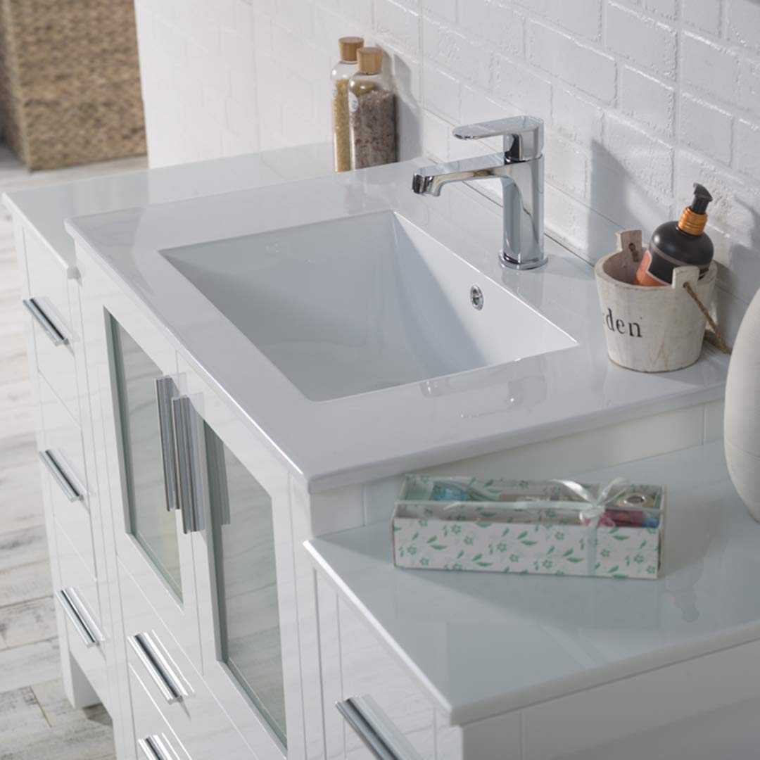 Blossom 54-Inch Solid Wood Bathroom Vanity with Ceramic Sink and Double Side Cabinets | Freestanding Vanity Sink Cabinet | Soft-Close Drawers & Tempered Glass Doors (Glossy White) - Image 5