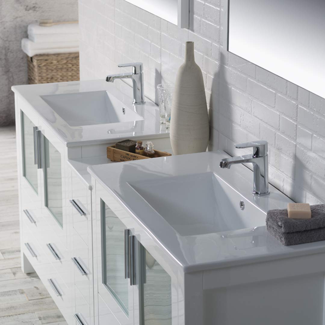 Blossom 84-Inch Solid Wood Bathroom Vanity with Double Ceramic Sink and Side Cabinet | Freestanding Vanity Sink Cabinet | Soft-Close Drawers & Tempered Glass Doors (Glossy White) - Image 7
