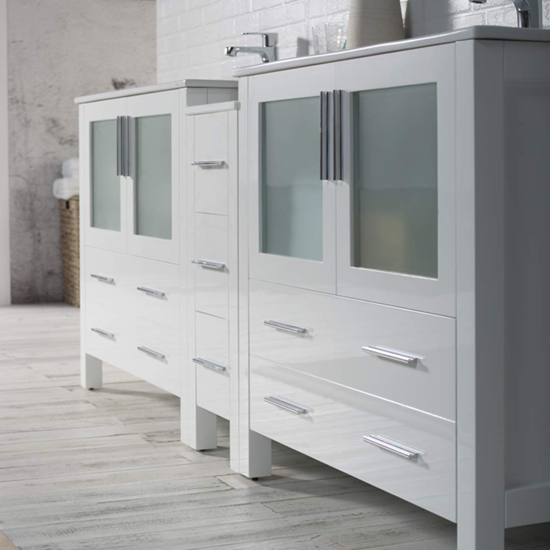 Blossom 84-Inch Solid Wood Bathroom Vanity with Double Ceramic Sink and Side Cabinet | Freestanding Vanity Sink Cabinet | Soft-Close Drawers & Tempered Glass Doors (Glossy White) - Image 9