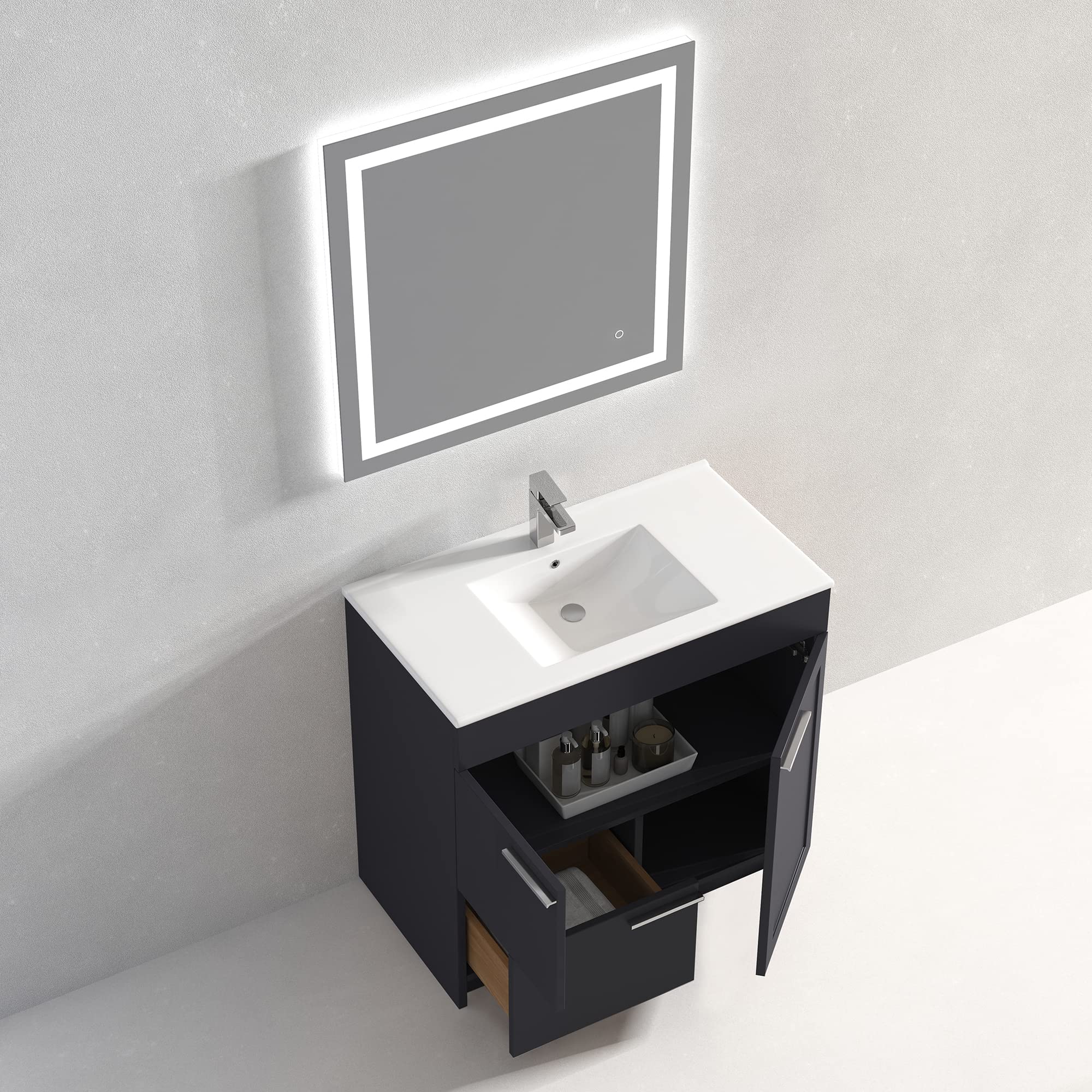 Blossom All Wood Freestanding Bathroom Vanity with Topmount Sink – Soft Close Doors, Storage Drawer - Modern Storage Cabinet with Basin for Small Space (Charcoal, 36" w/Ceramic Sink) - Image 4