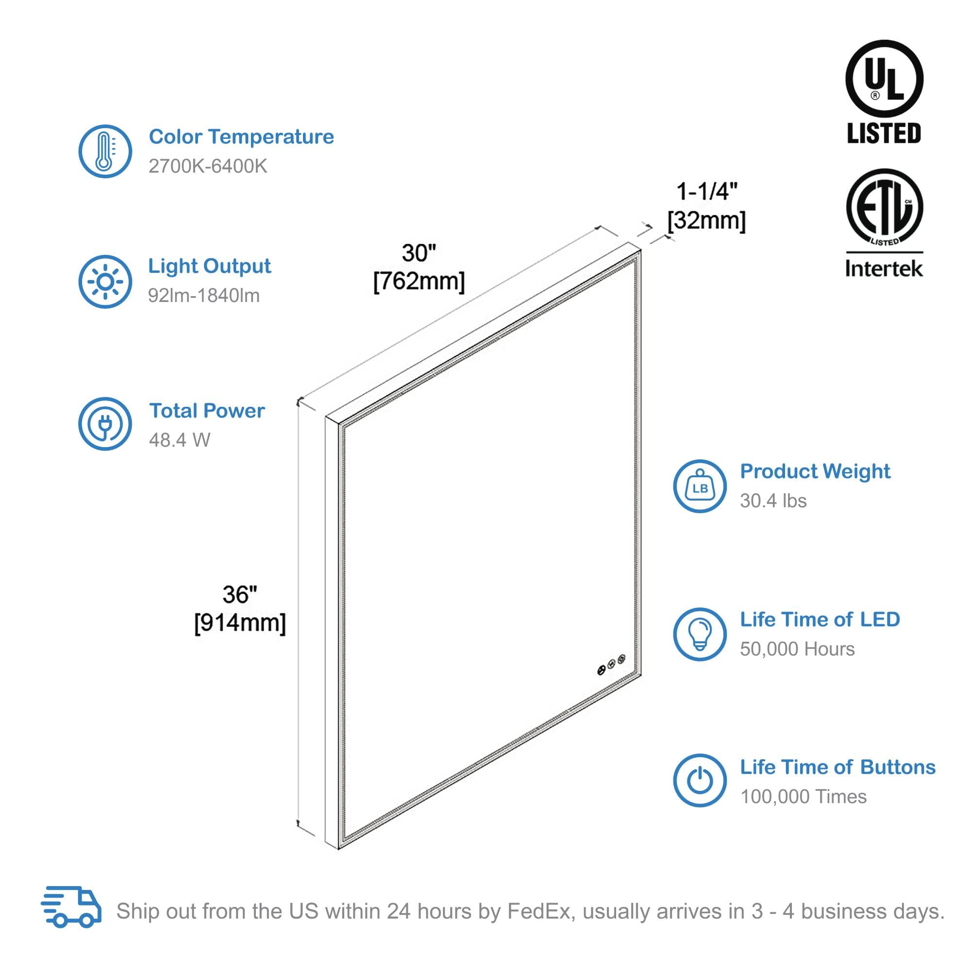 Blossom 30"x 36" LED Bathroom Mirror with Lights, Dimmable, Anti-Fog, Front Lit, Backlit, Lighted Wall Mounted Rectangle for Vanity Makeup Memory Function, Tempered Glass with Matte Black Frame - Image 7